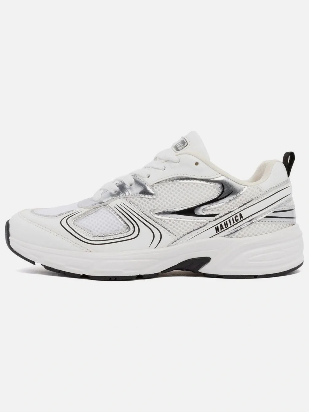 New in Box! Nautica Perelto White, Black & Silver Lace Up Jogger Sneakers Size 8
